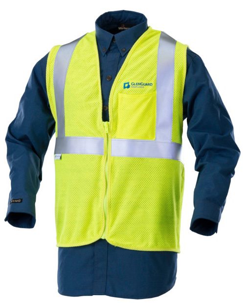 a blue button down shirt with a yellow Glenguard reflective vest on top