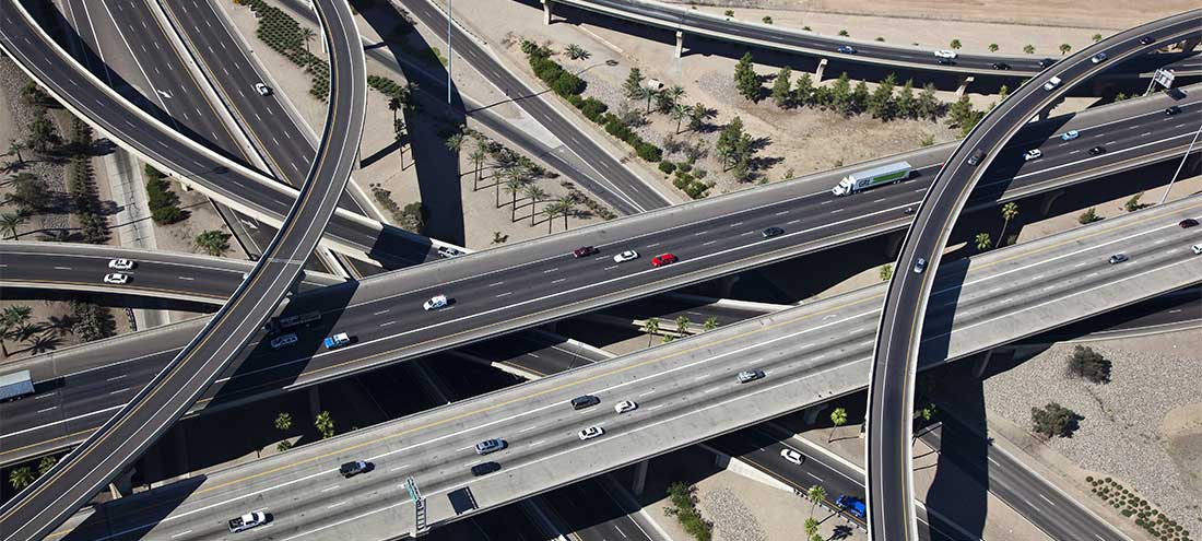 birds eye view of a highway interchange